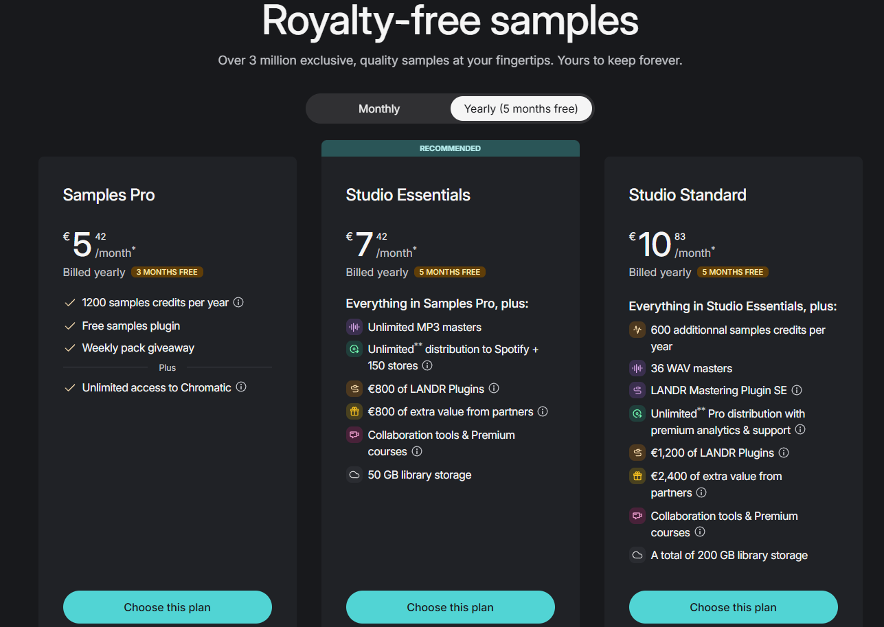 LANDR Samples Pricing