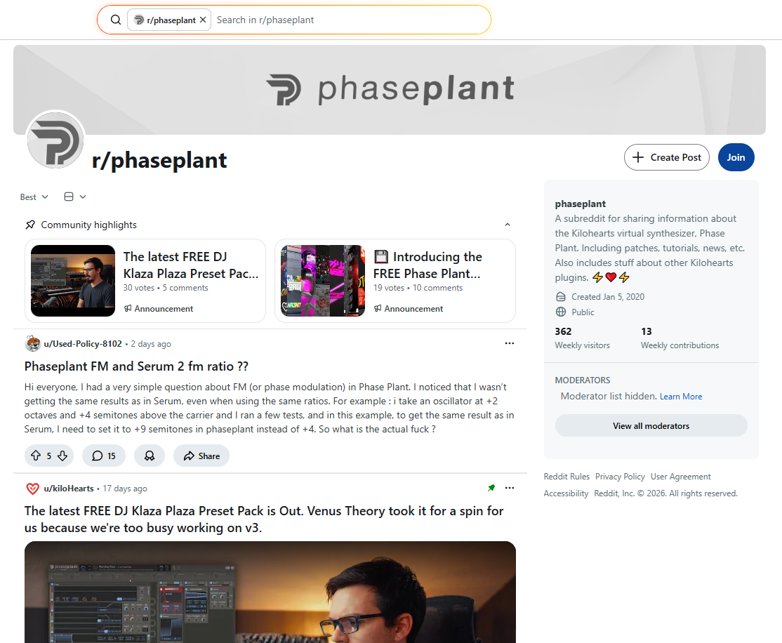 Phase Plant on Reddit as a great resource for help