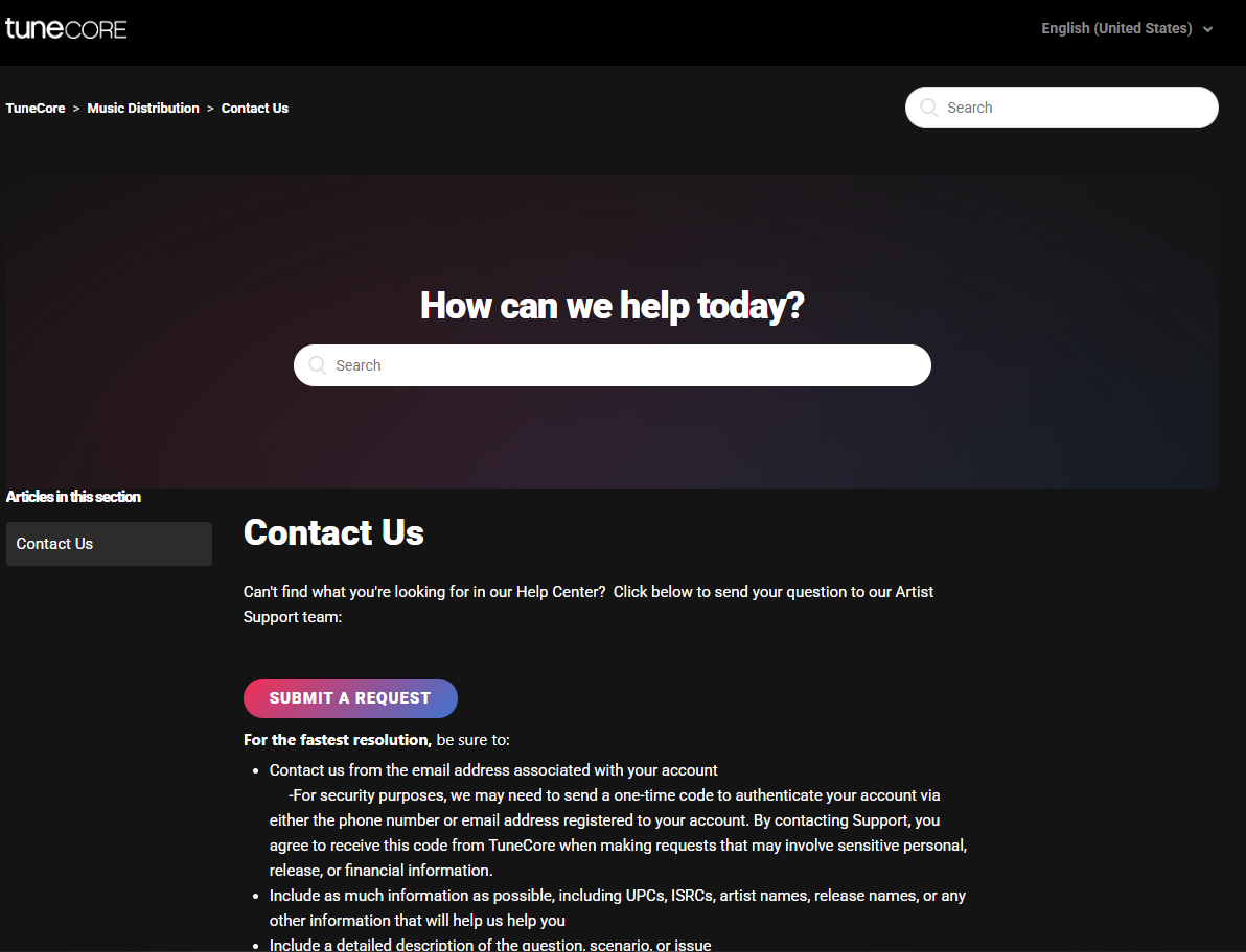 Tunecore Support page