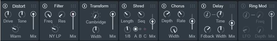 iZotope VocalSynth 2 - Effects Section including Distortion, Filter, Transform, Shred, Chorus, Delay and Ring Mod