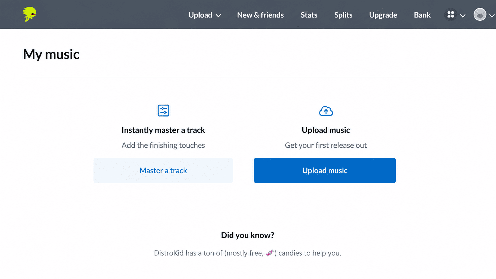 DistroKid upload screen showing the track upload and metadata entry flow
