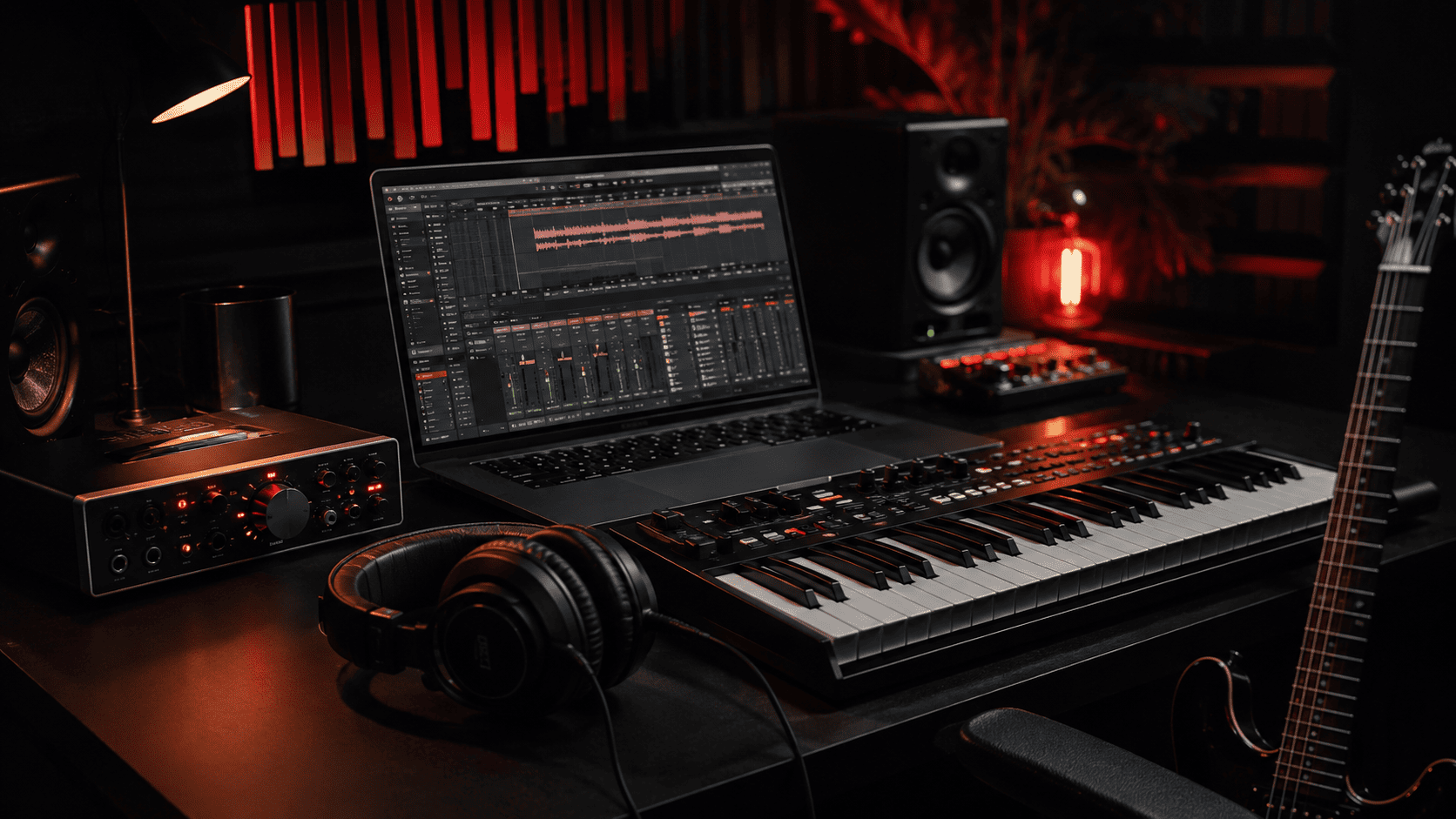 Music producer's home studio desk with laptop, MIDI keyboard, headphones and guitar