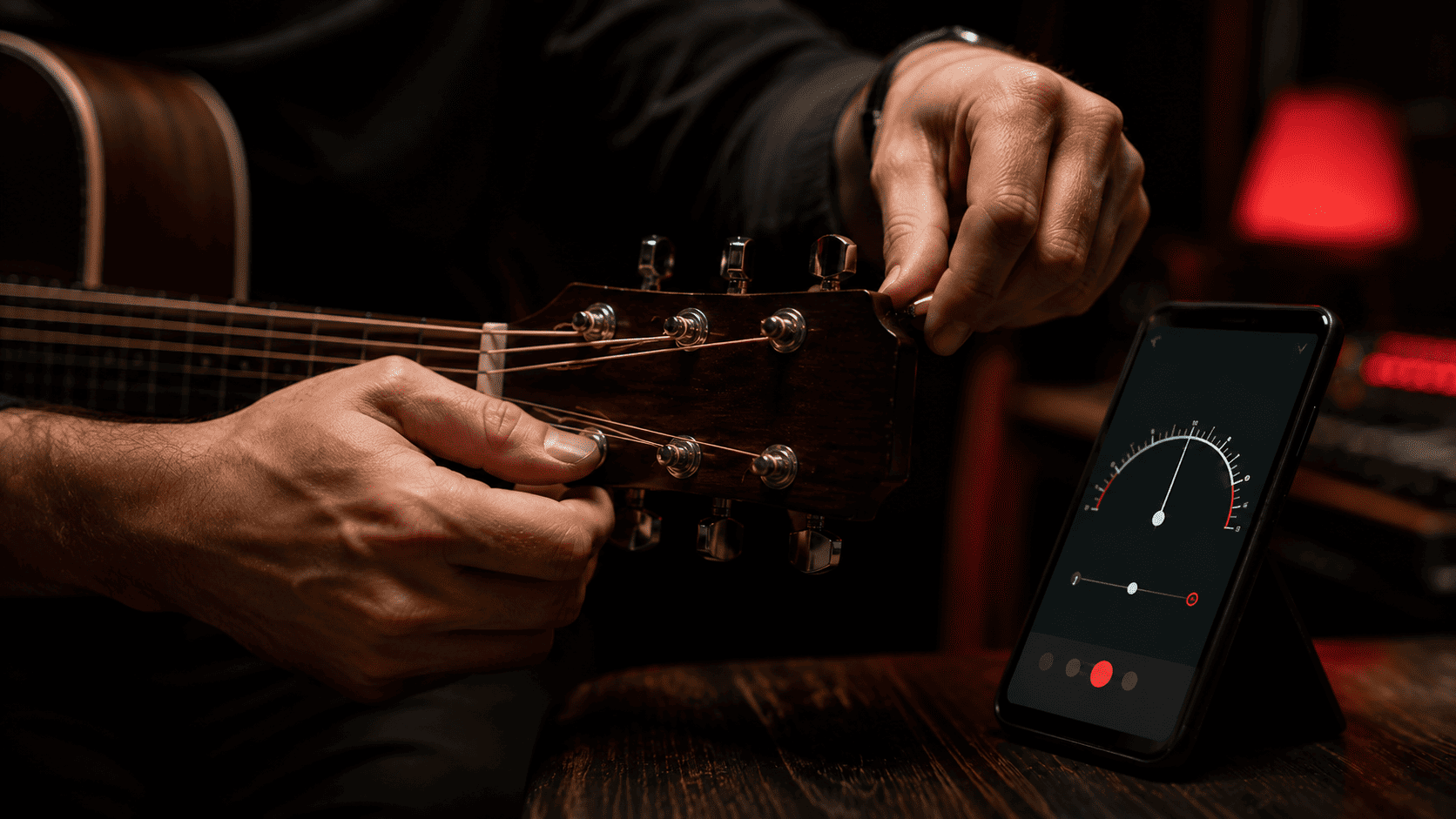 Musician tuning an acoustic guitar with a tuner app on a phone nearby