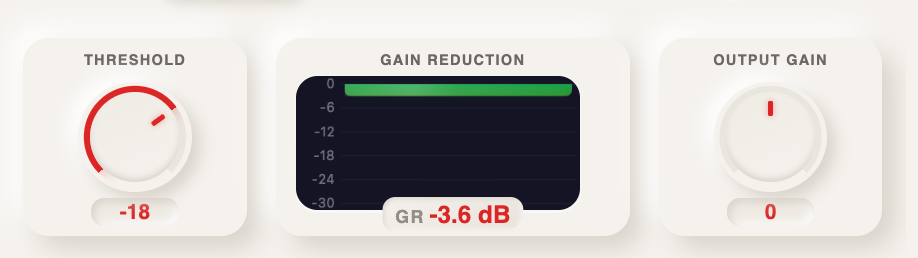 Close-up of RysUpComp showing threshold control, live gain reduction meter and output gain