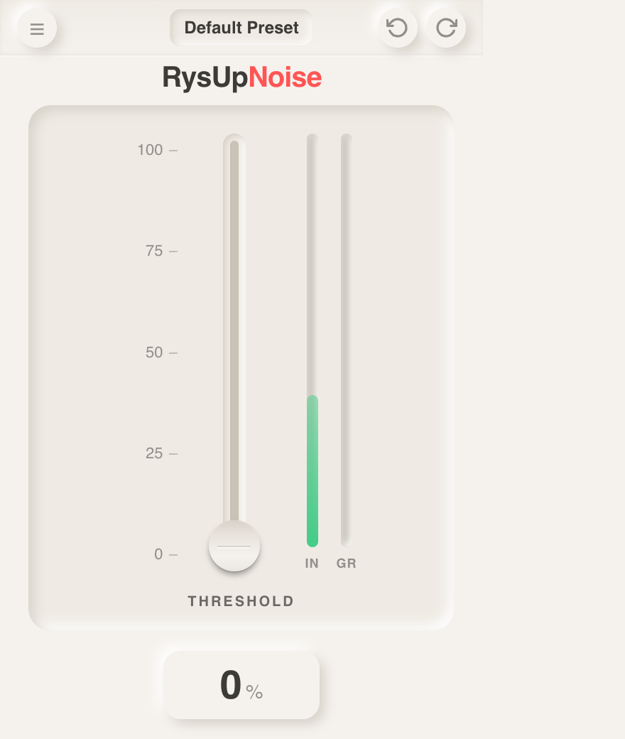 RysUpNoise plugin showing single threshold fader with input and gain reduction meters