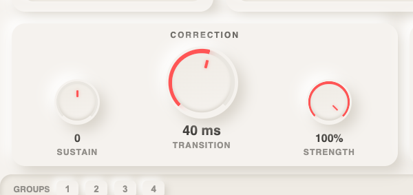 Close-up of RysUpTune correction section showing sustain, transition speed and strength controls