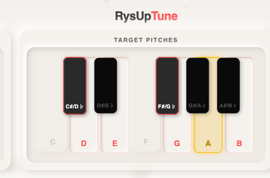Close-up of RysUpTune target pitches keyboard with selected scale notes highlighted